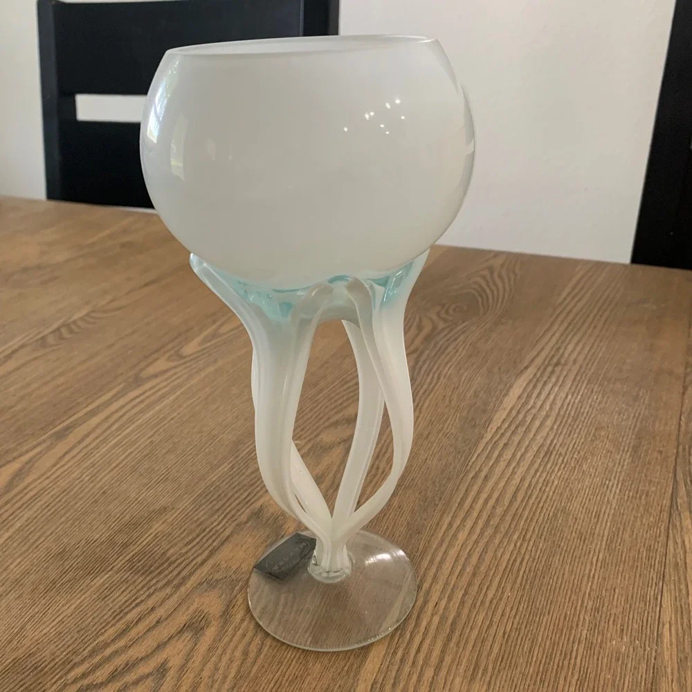 Makora Krosno Poland Hand Blown Glass Jellyfish Vase White Blue Art Glass 9